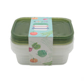 Reusable Plastic Storage Containers(4PCS/17.5*12.5*5.2CM) stacked with green lids and colorful band.